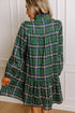 Plaid Frilled Collar Notched V Neck Tiered Long Sleeve Mini Dress